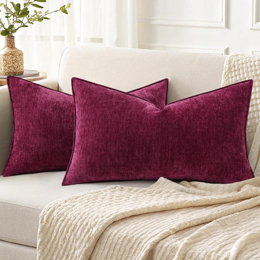 decorUhome Christmas Couch Throw Pillow Covers 12x20 Set of 2, Decorative Soft Euro Neutral Chenille Lumbar Pillow Covers with Elegant Design for Sofa Bed Living Room Home Decor, Rhododendron