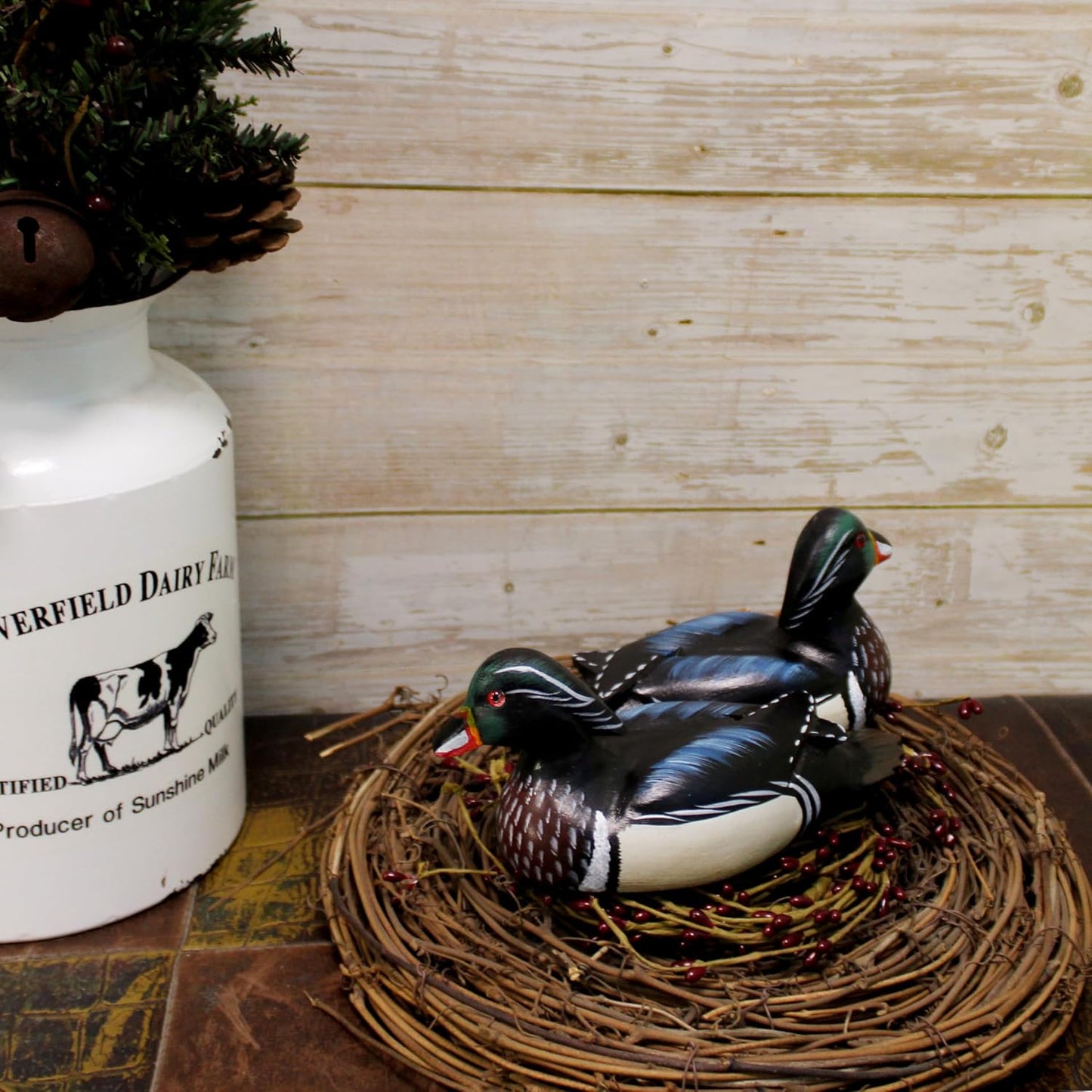 CVHOMEDECO. Primitives Hand Engraving and Painted Wood Wild Ducks Rustic Figurines Mallards Decorative Accent, Set of 2