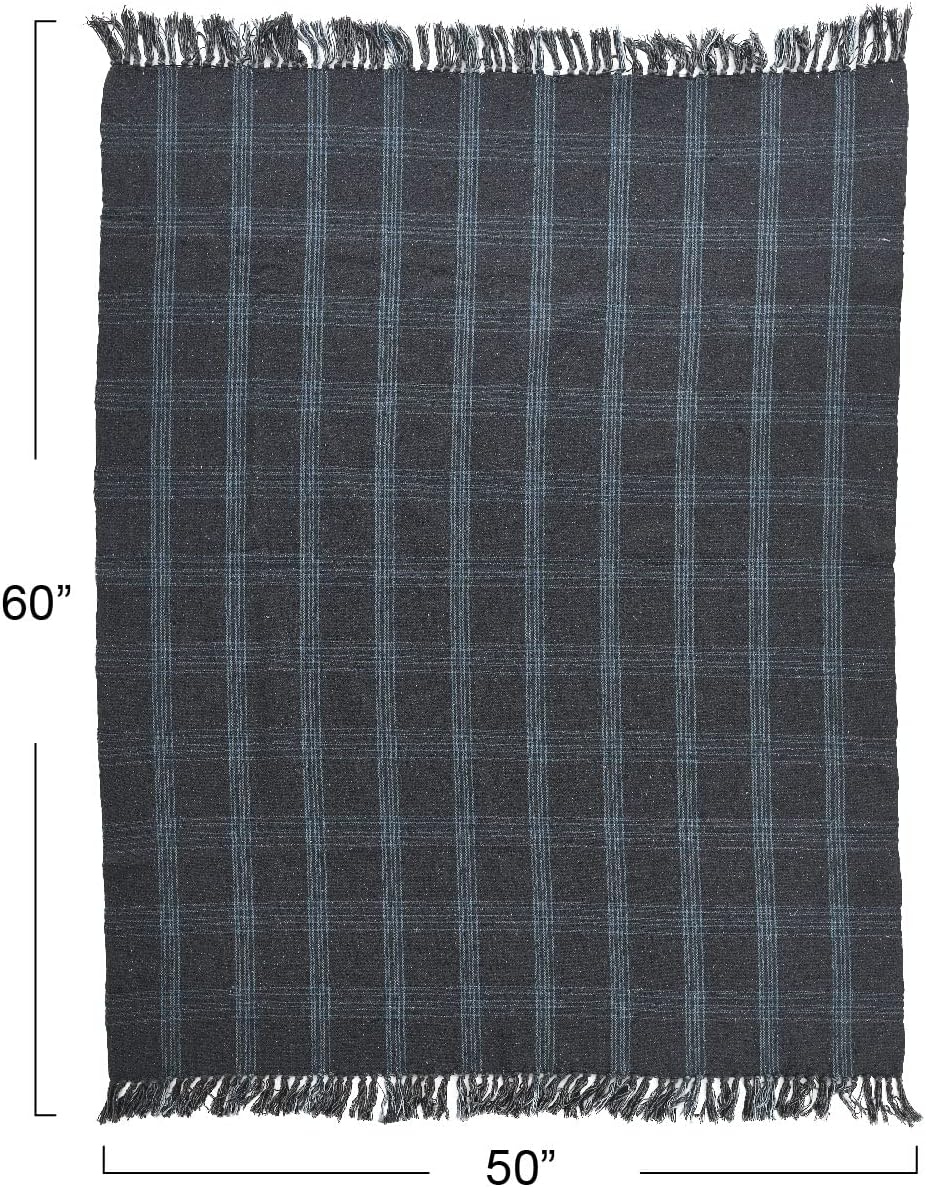 Creative Co-Op Recycled Cotton Blend Throw Blanket with Fringe, Grey Plaid