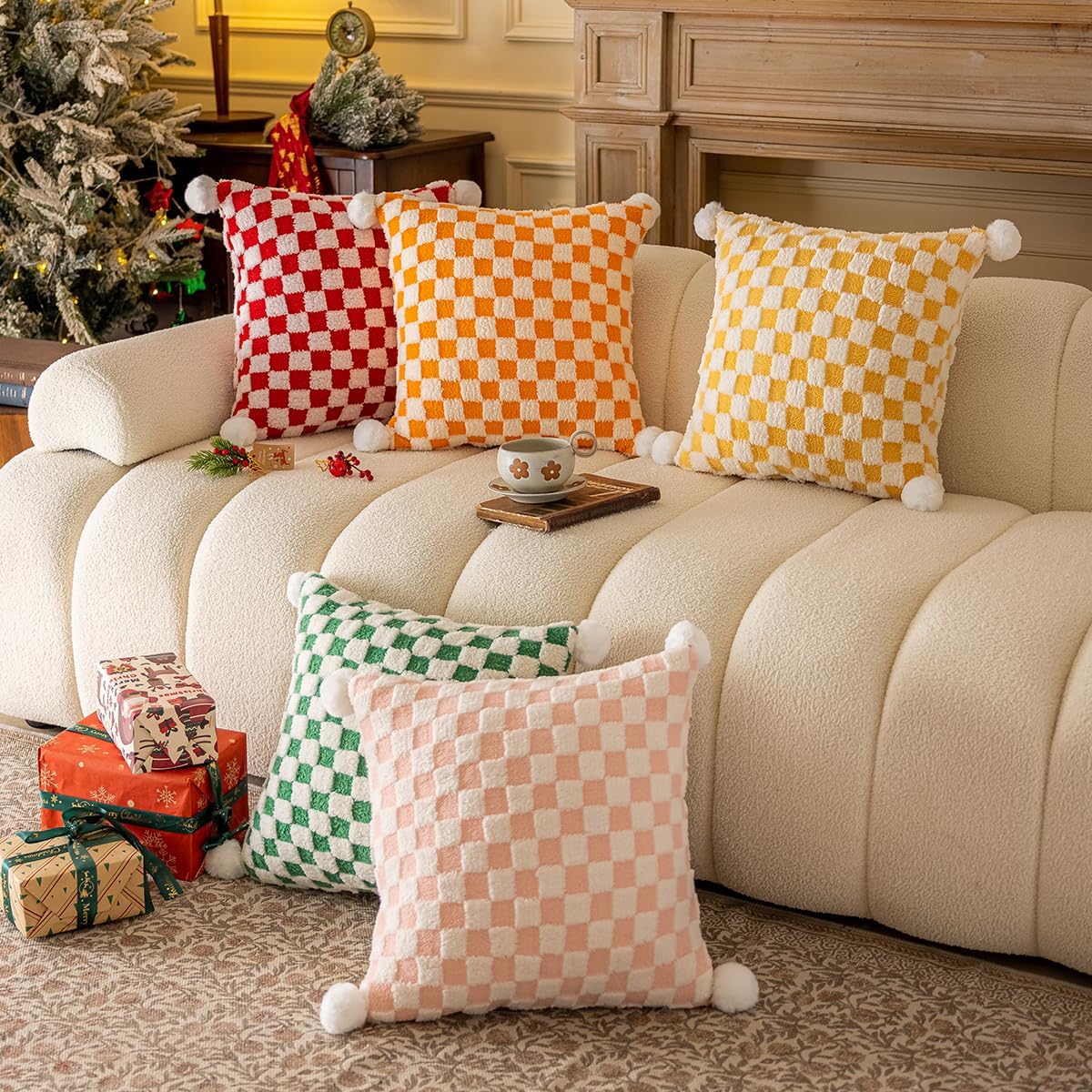 Faux Fur Plush Decorative Throw Pillow Covers with Pom Poms 18x18 Square Soft Christmas Checkered Pillow Covers for Couch Set of 2 Blush x2