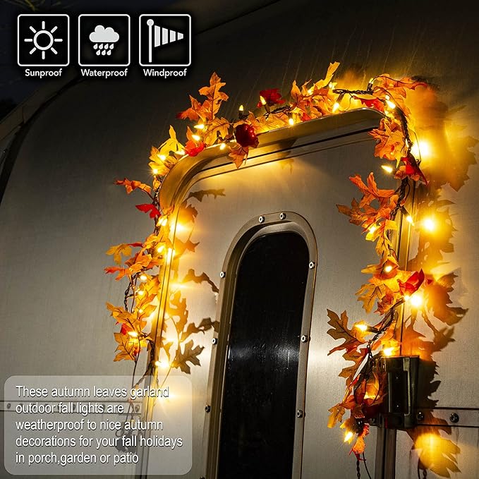 Thanksgiving Decorations Maple Leaf String Lights Plug in 120V, Fall Leaves Garland With Lights, 35 Bulbs Lighted for Halloween Outdoor Thanksgiving Decor