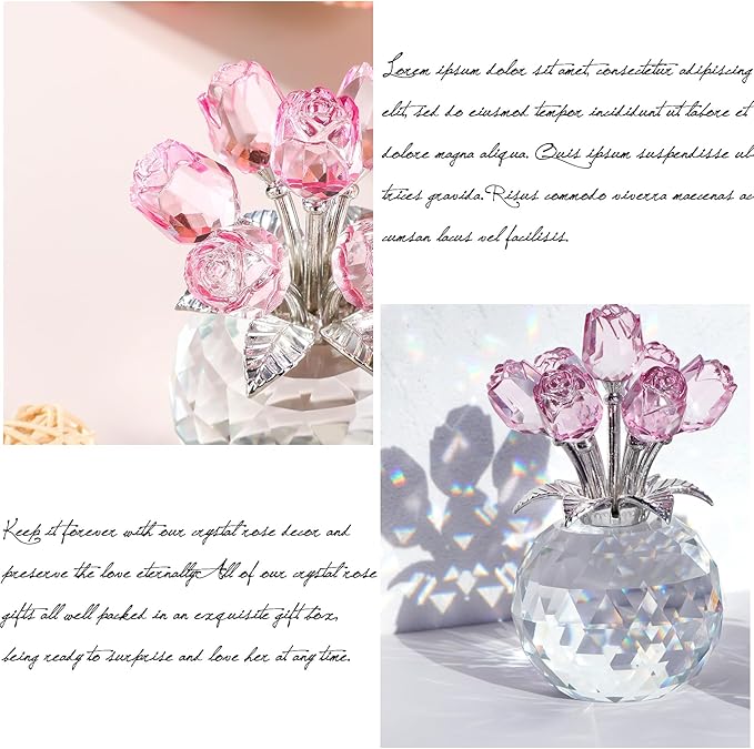 Crystal Rose Bouquet Flower Figurine - Pink Rose Gifts for Women, Collectible Floral Glass Ornaments for Valentine's Day, Mother's Day, Boxed
