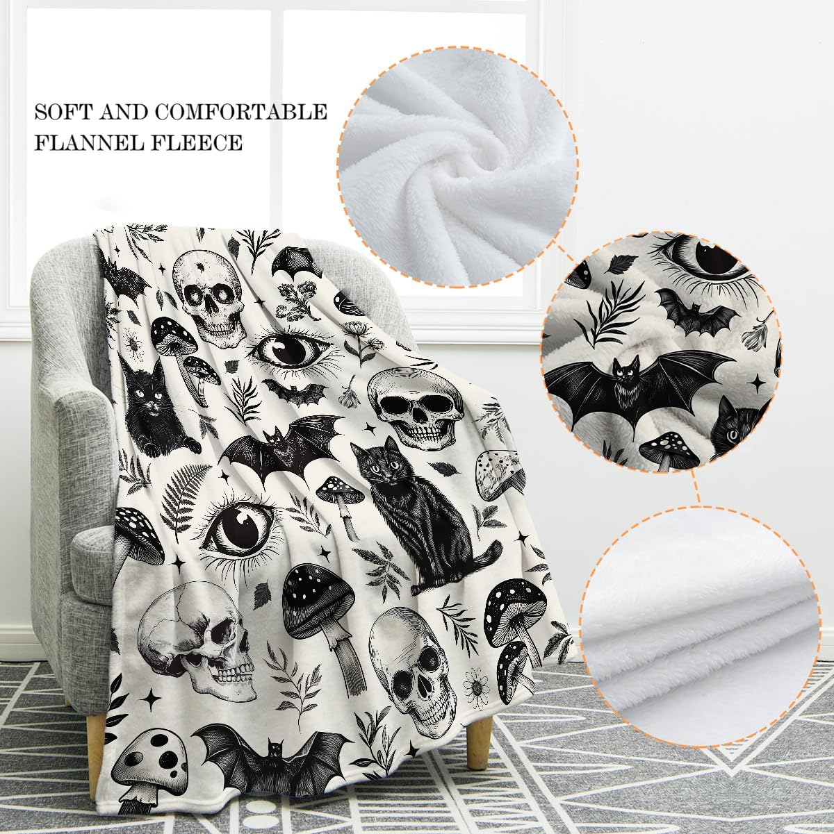 Jekeno Gothic Skull Blanket Cat Bat Mushroom Gifts for Women Men Girls Boys Mom Wife Husband Dad Halloween Birthday Christmas Easter Presents Home Bedroom Living Room Bed Sofa Decor Throw 60"x80"