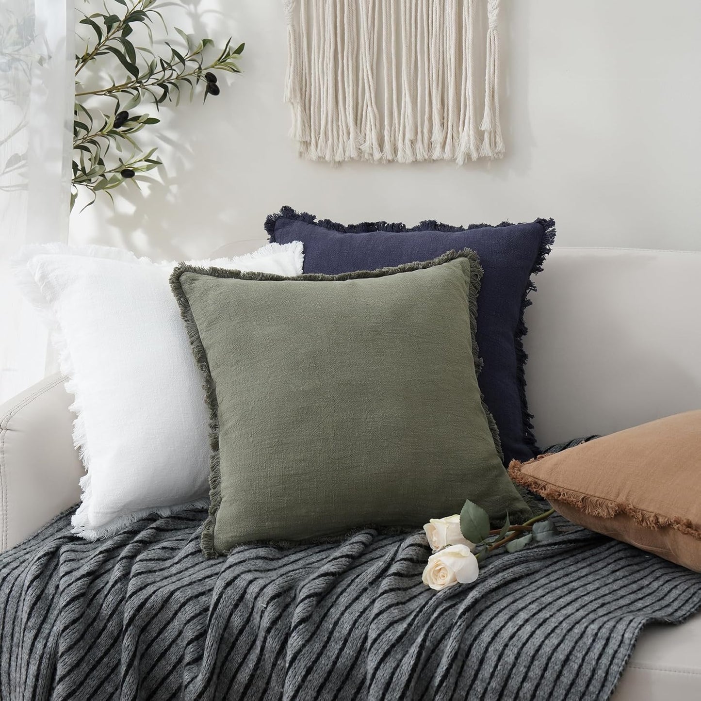 Foindtower Set of 2 Decorative Linen Fringe Throw Pillow Covers Cozy Boho Farmhouse Cushion Cover with Tassels Soft Accent Pillowcase for Couch Sofa Bed Living Room Home Decor, 16×16 Inch, Olive Green