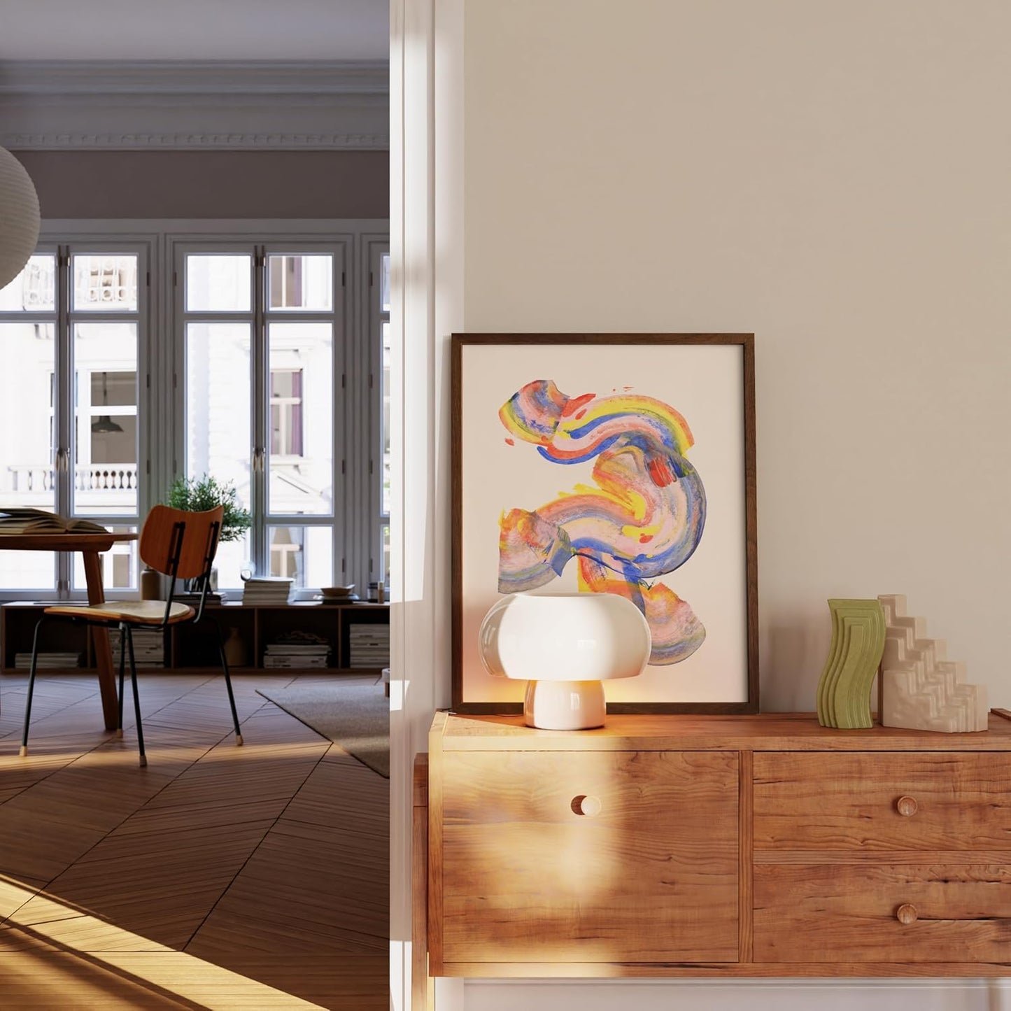 HAUS AND HUES Colorful Abstract Wall Art - Minimalist Retro Picture for Living Room Decor, Red and Pink Modern Wall Art Painting (Abstract Watercolor Swirls, Walnut Frame, 16x20)