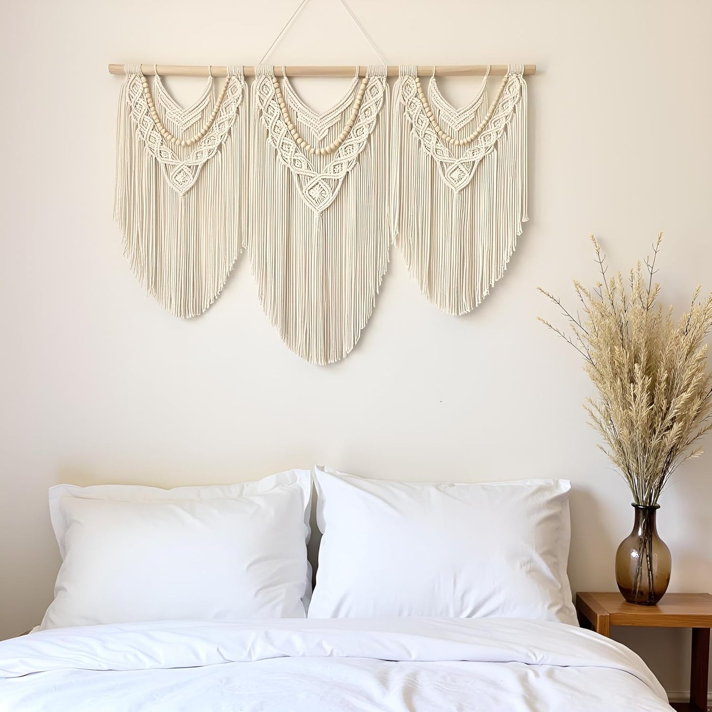 large macrame wall hanging - Boho Tapestry Macrame Wall Decor Art- Chic Bohemian Handmade Woven Tapestry Home Decoration for Bedroom Living Room Apartment Wedding Party - 43"x32" (Beige-Wood Bead)
