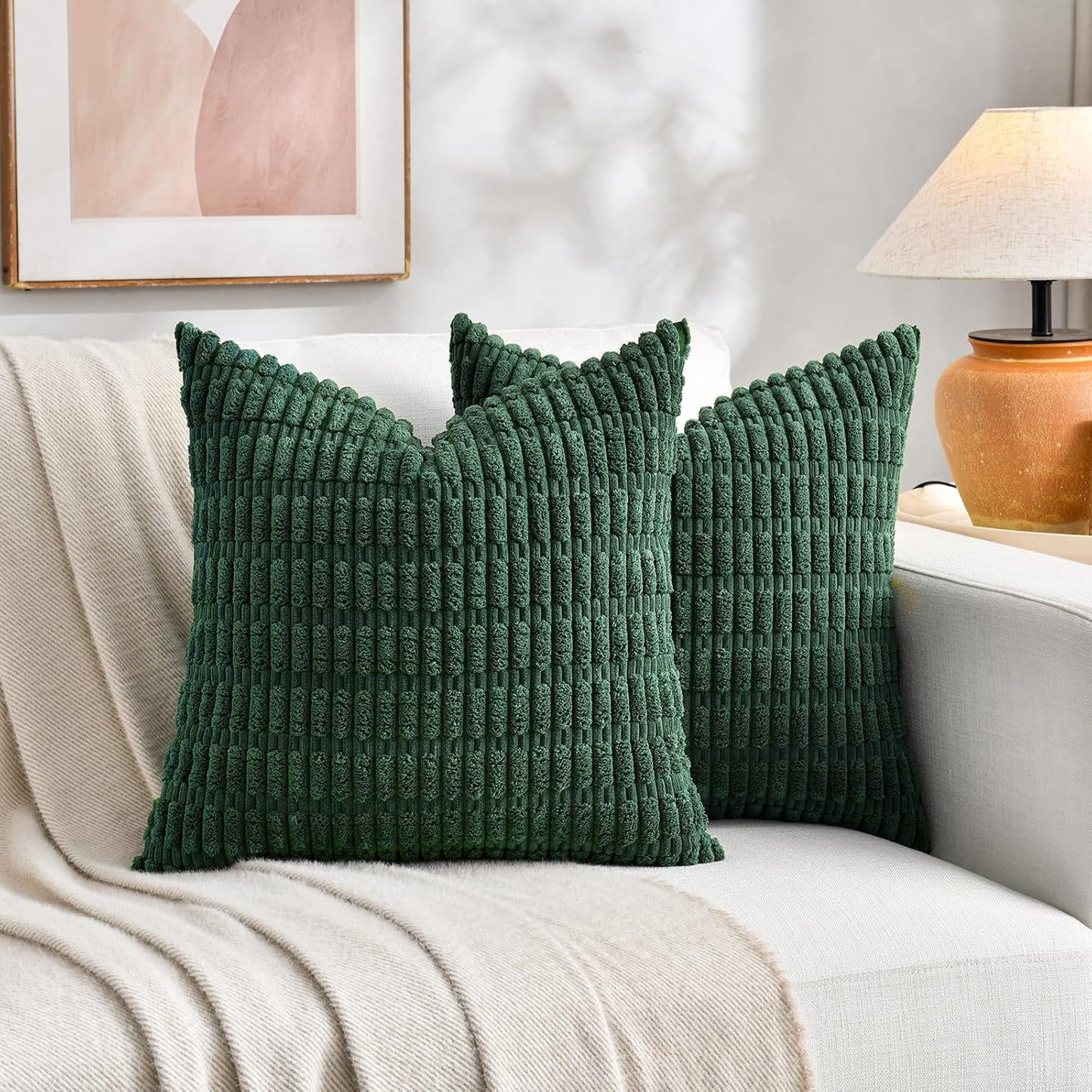 Fancy Homi 4 Packs Hunter Green Decorative Throw Pillow Covers 16x16 Inch for Couch Bed Sofa, Forest Green Boho Home Decor, Soft Plush Corduroy Cute Emerald Green Square Cushion Case 40x40 cm