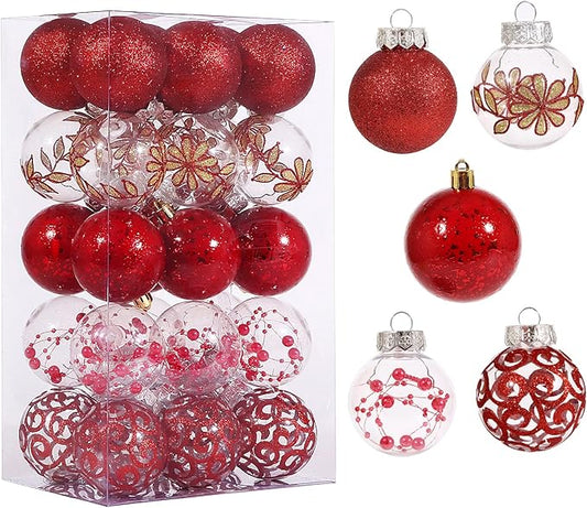 60mm/2.36inch Clear Christmas Ball Ornaments Set, 30 ct Red Christmas Ornaments Balls for Christmas Tree Decorations Shatterproof Transparent Baubles with Delicate Stuffed Decoration for Wedding Party