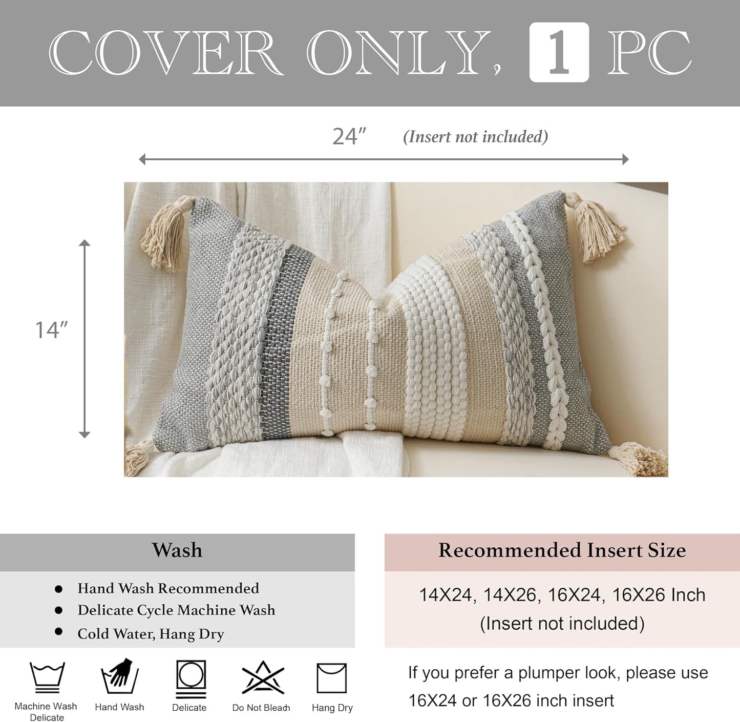 BlissBlush Decorative Lumbar Throw Pillow Cover 14x24 Boho Gray Accent Cushion for Couch Sofa Farmhouse Pillowcase for Bedroom Living Room Home Décor Cover ONLY