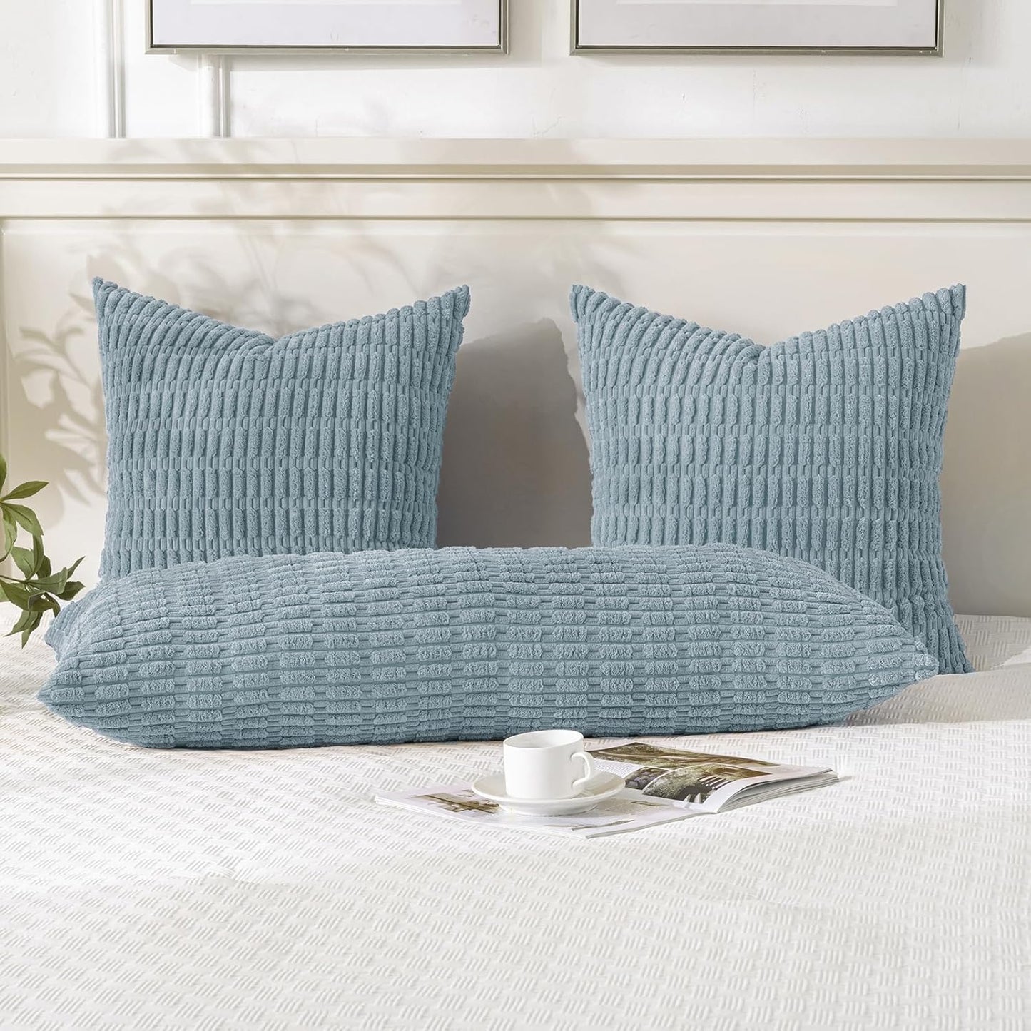 Fancy Homi 1 Pack Light Blue Long Lumbar Body Decorative Throw Pillow Covers 20x54 Inch for Bed Couch Bedroom Bench, Soft Corduroy Rectangle Solid Pillow Case 50x137 cm, Rustic Farmhouse Boho Decor