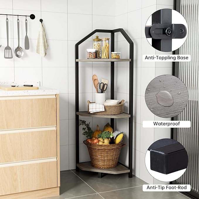 Fun Memories 3 Tier Corner Shelf, 40” Corner Shelf Stand, Corner Bookshelf Plant Stand, Storage Shelf for Bathroom, Living Room, Kitchen,Grey Home Office, Grey