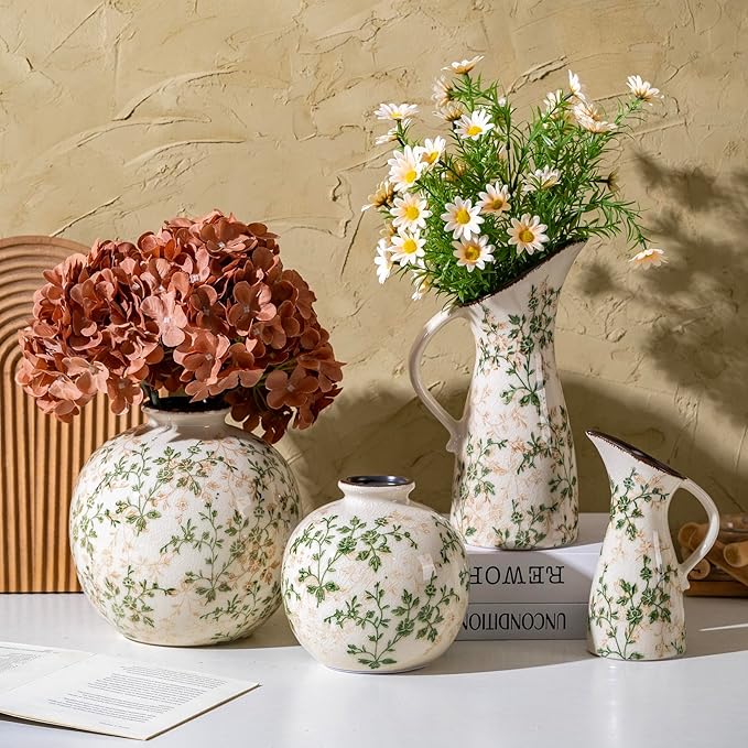 Vintage Ceramic Pitcher Vase with Handle, Farmhouse Green and Beige Large Floral Vases, Chinoiserie Decorative Vase, Rustic Table Centerpiece for Home Decor Living Room, Bookshelf, Office 10.5 Inch