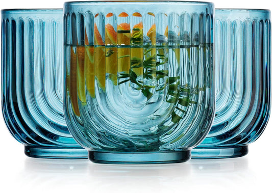 Glaver's Vintage Glassware Art Deco Glasse Ribbed Drinking Glasses U-Shape Arch Design Colored Cocktail Kitchen Tumblers Everyday Dinner Decorative Party, Blue (Blue S/4 11oz)