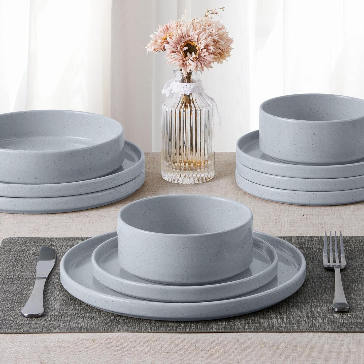 E-far Dinnerware Sets for 8, 24-Piece Stoneware Plates and Bowls Dish Set, Modern Kitchen Dinning Dishware, Chip and Scratch Resistant, Microwave & Dishwasher Safe, Speckled Gray