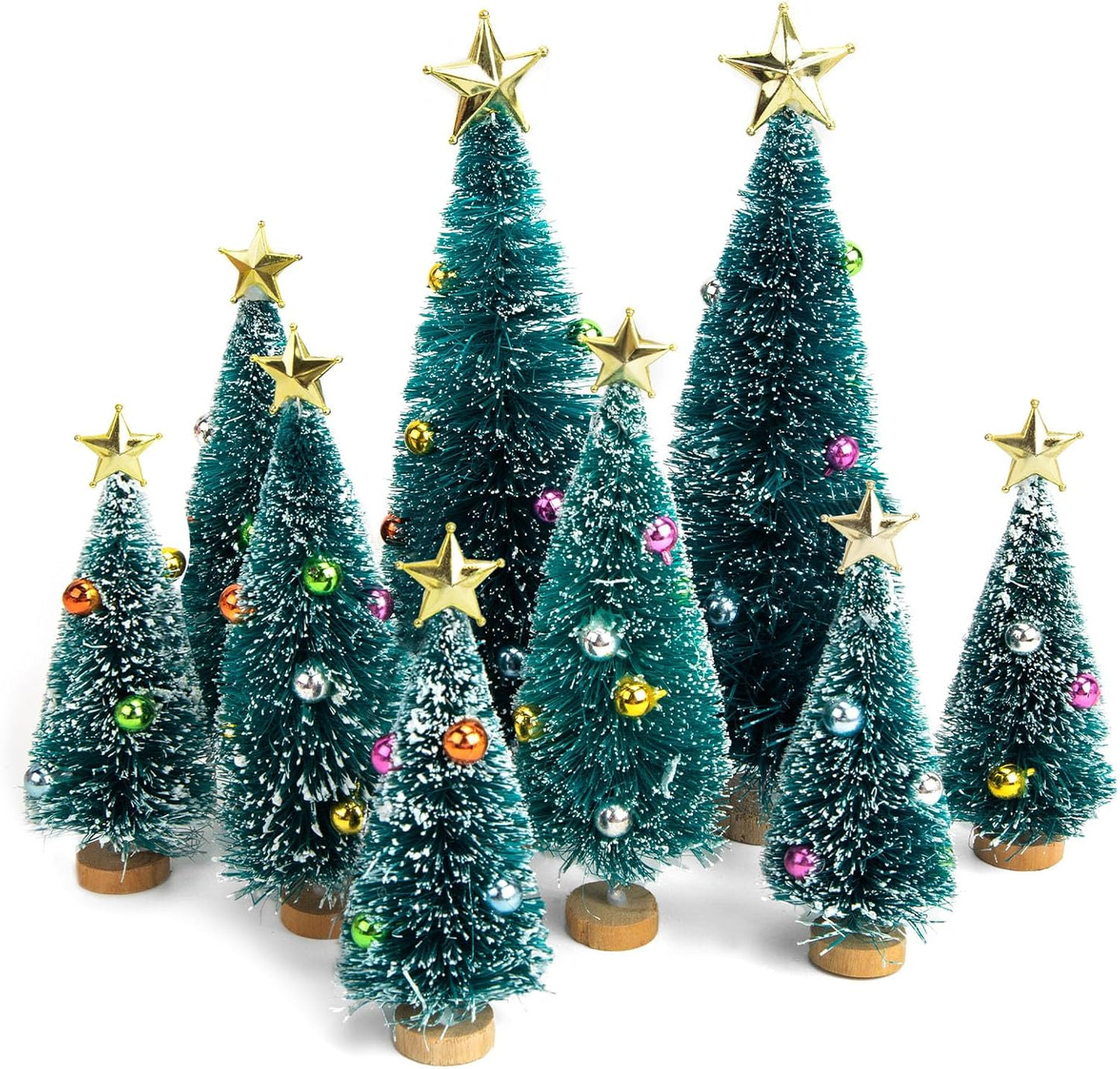 LOVEINUSA Mini Christmas Trees with Ornaments, 9PCS Sisal Snow Frost Trees with Wood Base for Table Top Decoration and DIY Diorama Models