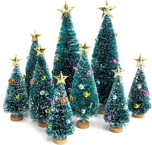 LOVEINUSA Mini Christmas Trees with Ornaments, 9PCS Sisal Snow Frost Trees with Wood Base for Table Top Decoration and DIY Diorama Models