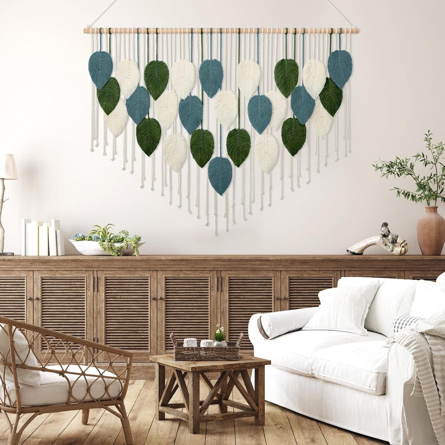 KHOYIME Macrame Wall Hanging Large Boho Home Decor, Bohemian Leaves Tapestry Modern Handmade Yarn Woven Feather Leaf Chic Wall Art Decorations for Bedroom Living Room Nursery Backdrop 51.5"W X 33.5"L