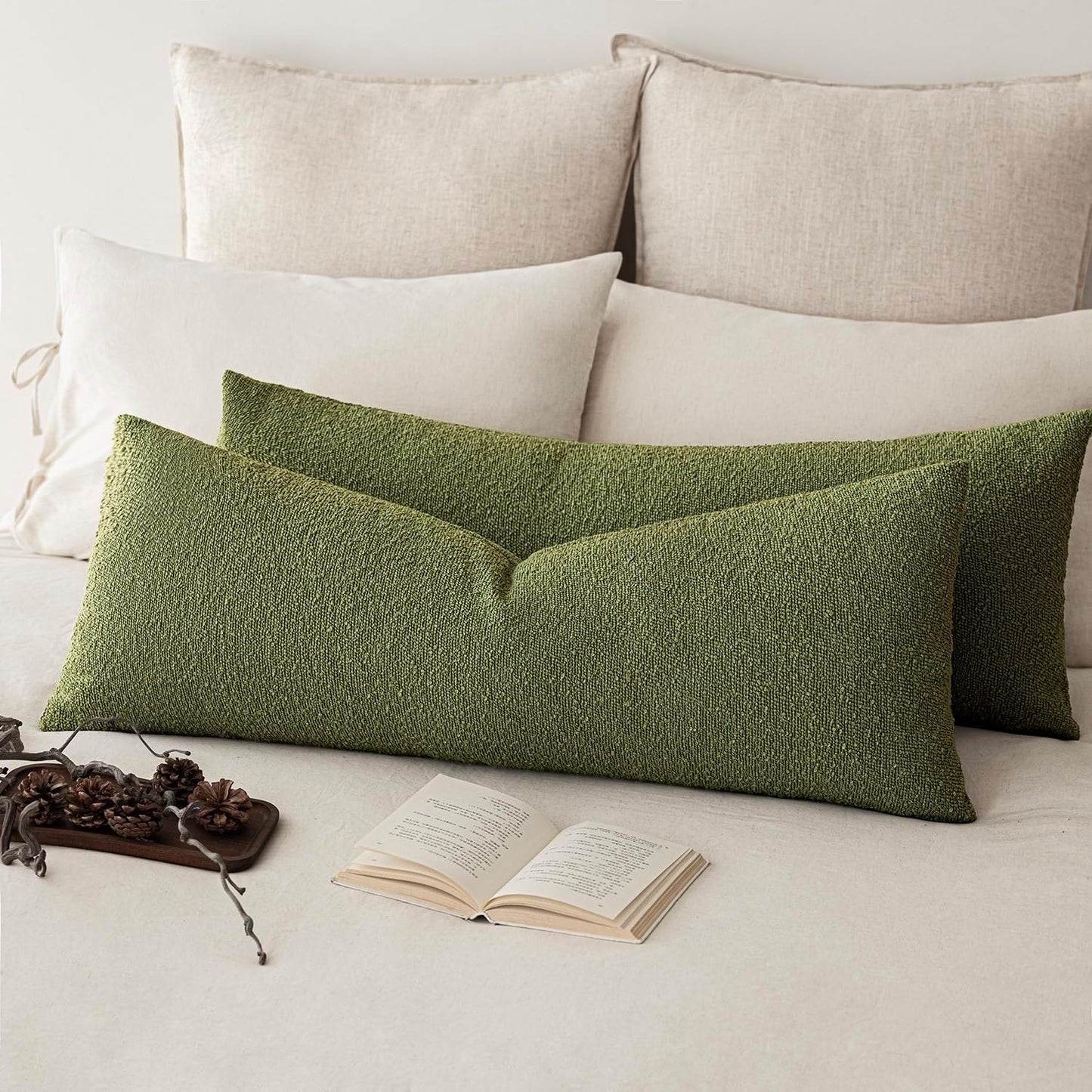 Foindtower Decorative Textured Boucle Throw Pillow Covers Accent Solid Pillow Cases Neutral Long Body Lumbar Couch Cushion Case for Chair Sofa Bedroom Living Room Home Decor 14x36 Inch,1PC,Green