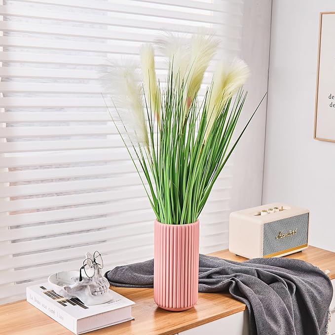 Pink Ceramic Flower Vase for Pampas Grass, 10 inch Large Decorative Centerpiece Ribbed Vase for Dining Table, Office Desktop, Shelf Bookshelf, Mantel, Entryway, Bathroom, Countertop, Farmhouse, Gift