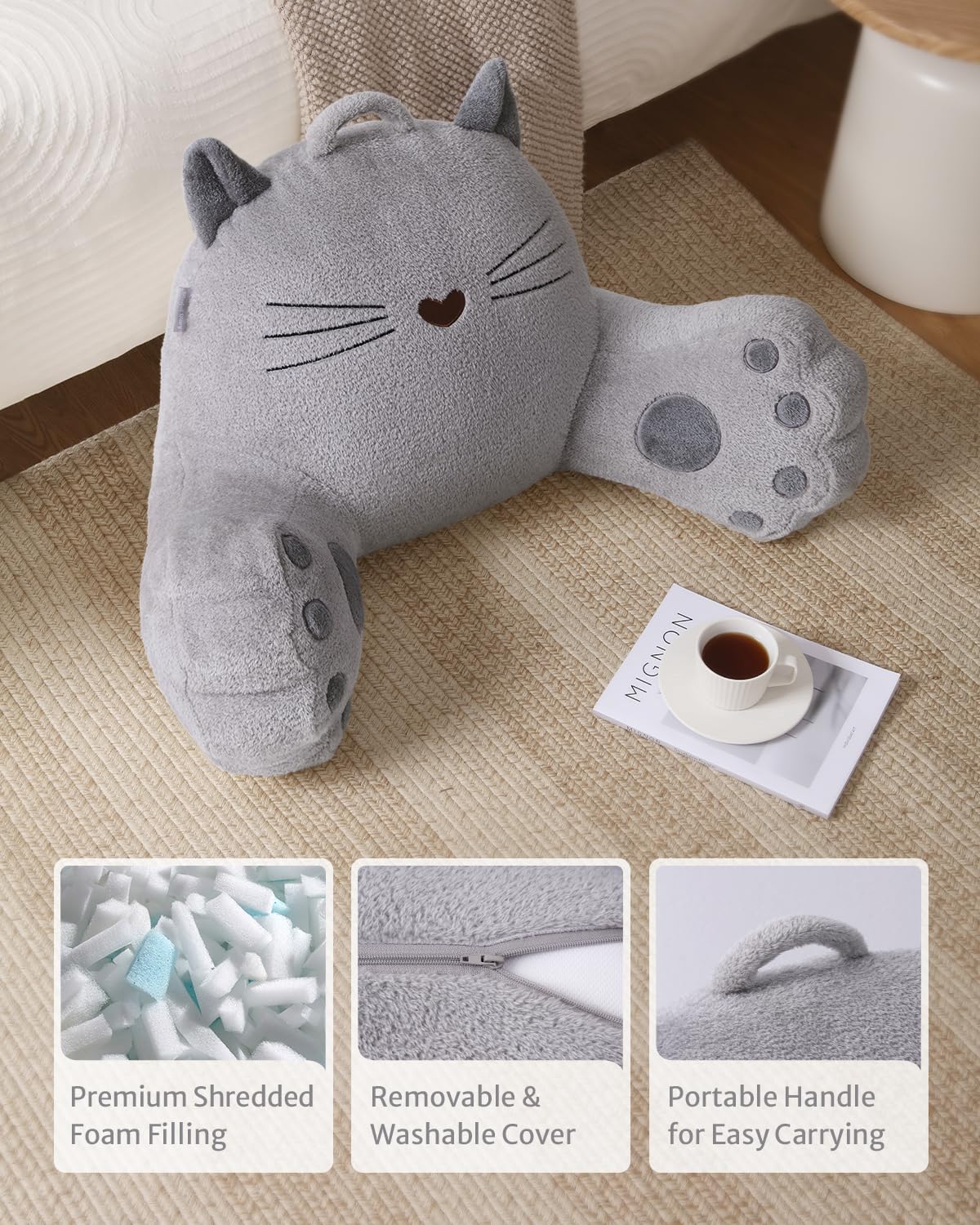 Blissful Diary Kitty Reading Pillow for Kids/Teens/Adults, Back Rest Pillow for Sitting Up in Bed with Shredded Memory Foam, Includes Arms and Washable Cover, Light Gray