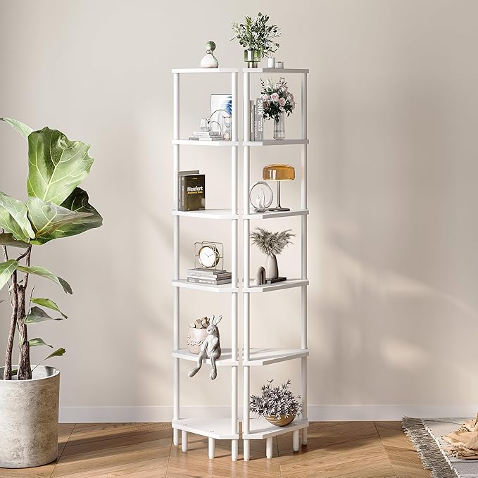 6 Tier Corner Shelf with LED Light, 66.5'' Tall Standing Shelf, Narrow Display Shelf Stand, Modern Corner Bookshelf, Plant Stand, Corner Bookcase for Living Room, Bedroom, Small Space LCS502WE