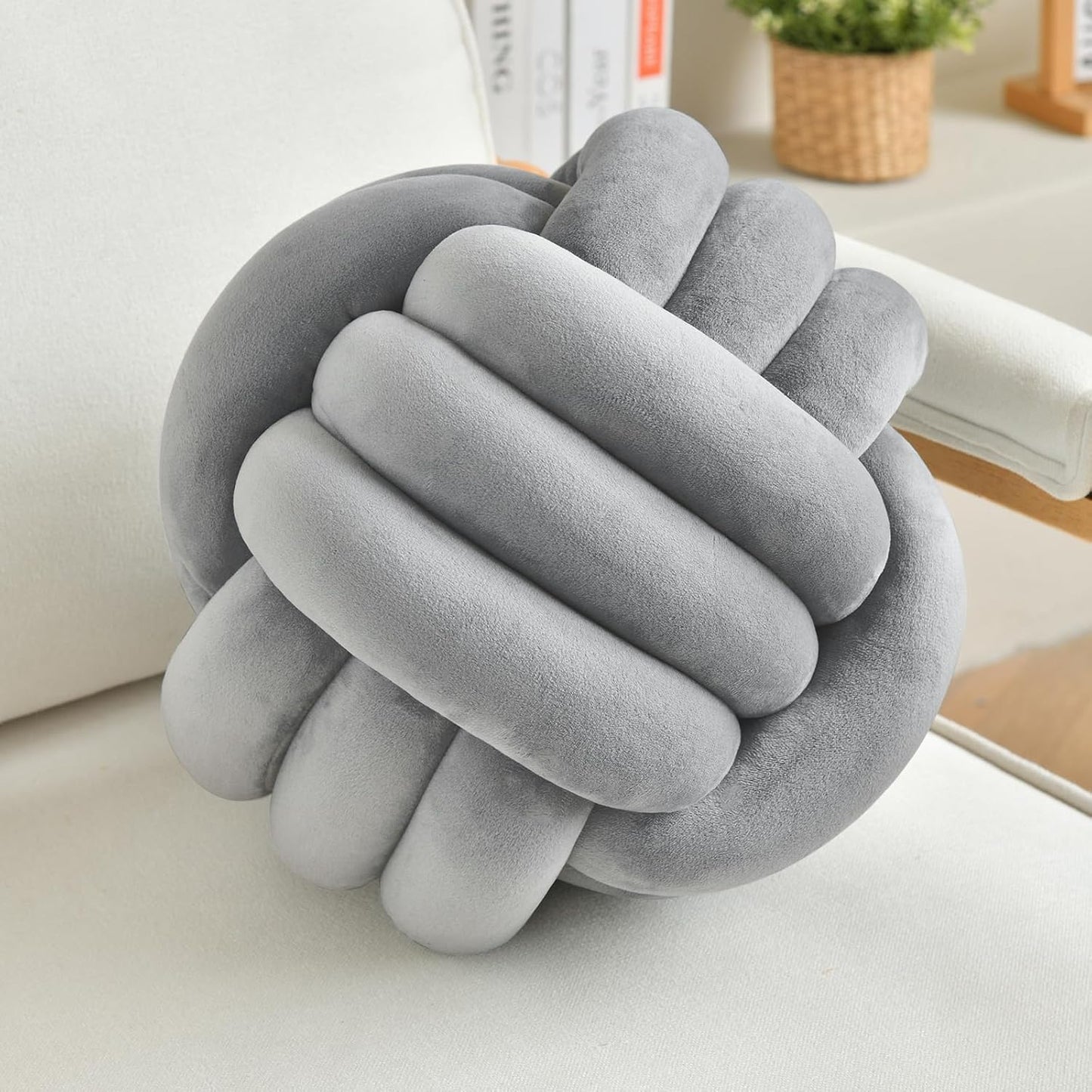 Decorative Throw Knot Pillow Ball for Home Chair Sofa Aesthetic Round Velvet Knotted Pillow Cushion (Light Grey, 8 inches)