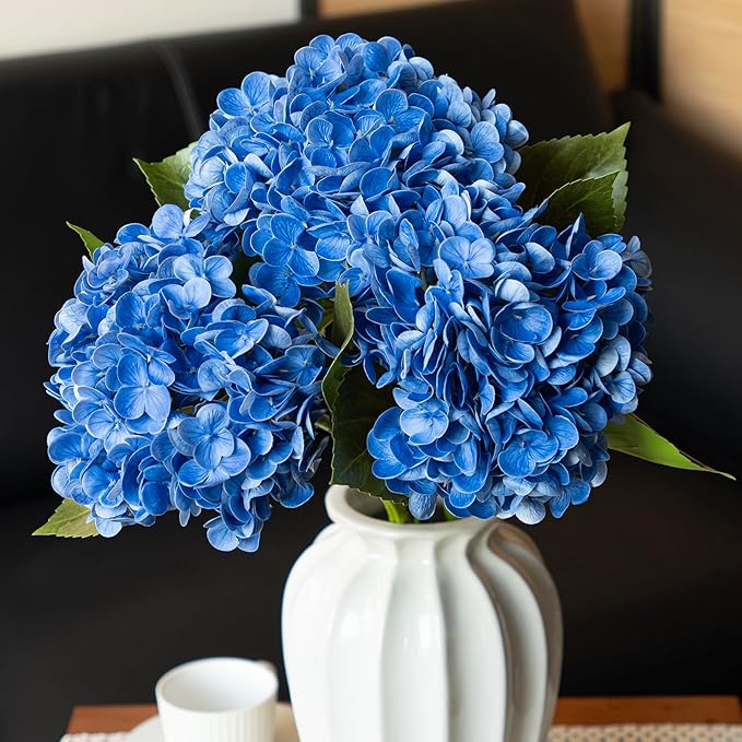 3PCS 22 inch Realistic Artificial Hydrangea Large Real Touch Flowers Artificial Flowers Dry Flowers Outdoor Wedding Christmas Office Family Party Living Room Table Decoration (Dark Blue)