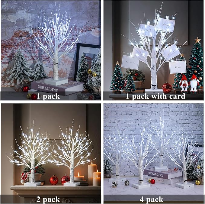 4pcs 36LED Lighted Birch Tree Home Decor - White Birch Tree with Lights Money Tree Wedding Centerpieces Artificial Branches Table (White)