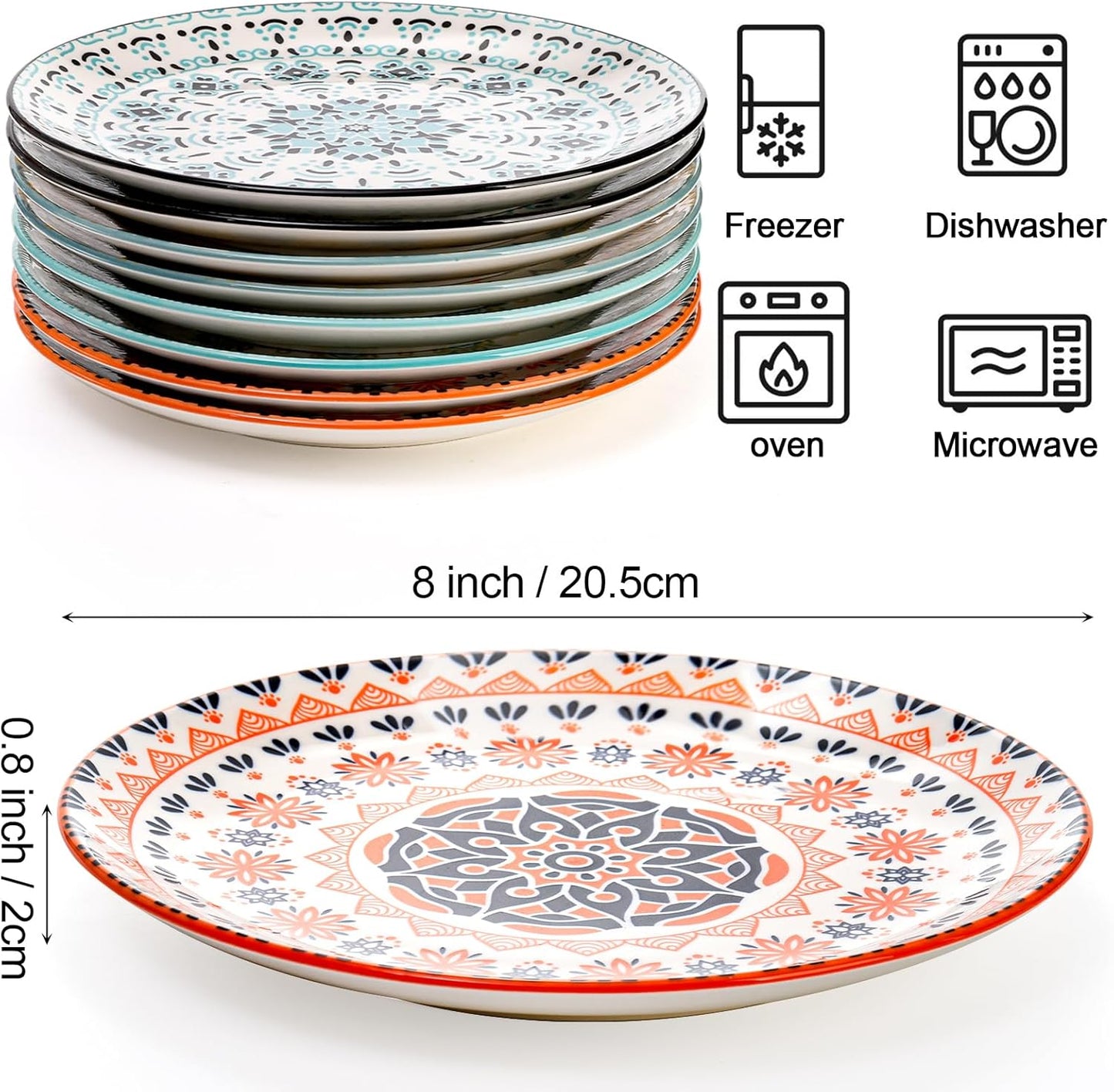 Foraineam 8 Pieces 8 Inch Round Porcelain Salad Plates, Decorative Appetizer Plates Dessert Dishes, Colorful Floral Serving Dishes for Luncheon, Steak, Fruit, Snack, Microwave and Dishwasher Safe