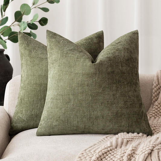 Foindtower Pack of 2 Soft Textured Chenille Throw Decorative Pillow Covers Square Accent Solid Cushion Cover Cozy Neutral Farmhouse Pillow Case for Couch Sofa Bedroom Living Room 24x24 Inch,Dark Green