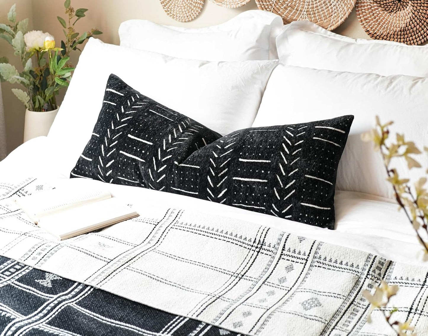 BLISSBLUSH Black Decorative Lumbar Pillow Cover 14X36, Boho Lumbar Throw Pillow For Bed, Long Decorative Pillow Case, Modern Accent Throw Pillow, 14 x 36 Textured Lumbar Pillow Decorative (COVER ONLY)