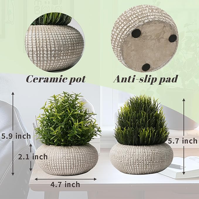 2Pack Small Fake Plants, 6.1/5.7 Inch Artificial Plants Indoor in Cement Planter, Small Faux Plants Indoor for Room Bathroom Bedroom Farmhouse Kitchen Office Home Decor - Yellowish Green-Rosemary