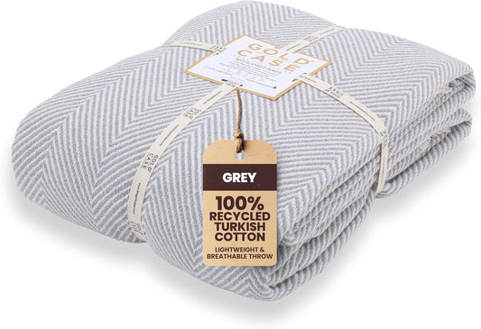 Gold Case Throw Blanket for Bed - 100% Recycled Turkish Cotton Blanket - Elegant Lightweight Soft Throw Blankets for Bed & Living Room - Queen Size Cozy Blankets - 90x90 - Grey