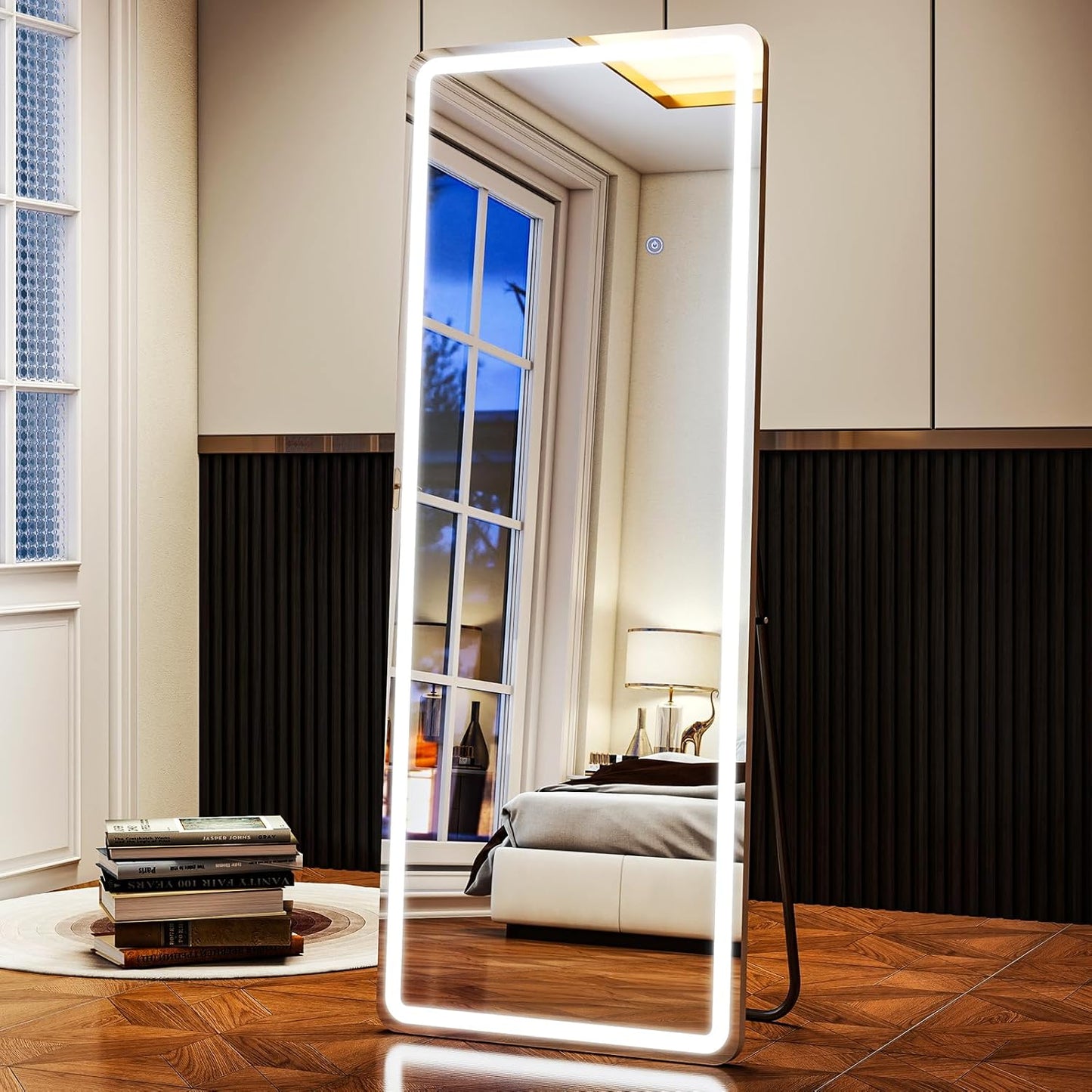 LED Rectangular Corner White Full Length Mirror - 21“ x 64” Brightness Adjustable, Touch Screen Control, Wall Mounted or Freestanding, for Bedroom Living Room Cloakroom Dressing Mirror