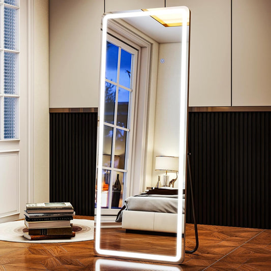 LED Rectangular Corner White Full Length Mirror - 21“ x 64” Brightness Adjustable, Touch Screen Control, Wall Mounted or Freestanding, for Bedroom Living Room Cloakroom Dressing Mirror