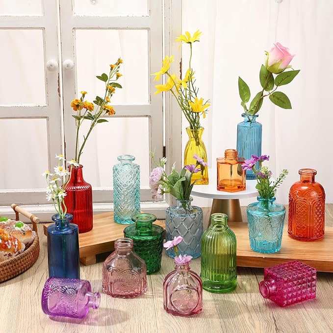 Yaomiao 30 Pcs Vases Bulk Colored Flower Glass Vases Bud Vintage Colored Glass Bottles Colorful Rustic Embossed for Home Wedding Table Decorations Gifts(Bright Color)