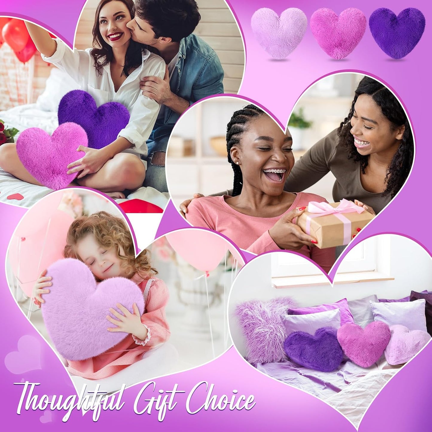 Liliful 6 Pcs Faux Rabbit Fur Heart Pillows Helloween Fluffy Heart Throw Pillows Christmas Cute Couch Cushion Soft Decorative Throw Cushion for Bed Sofa Girls Women(12 x 11 Inch,Purple Color)