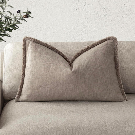 Foindtower Decorative Linen Fringe Lumbar Throw Pillow Covers Cozy Boho Farmhouse Cushion Cover with Tassel Soft Accent Pillowcase for Sofa Bed Living Room Home Decor, 12×20 Inch,1PC,Brown Tan