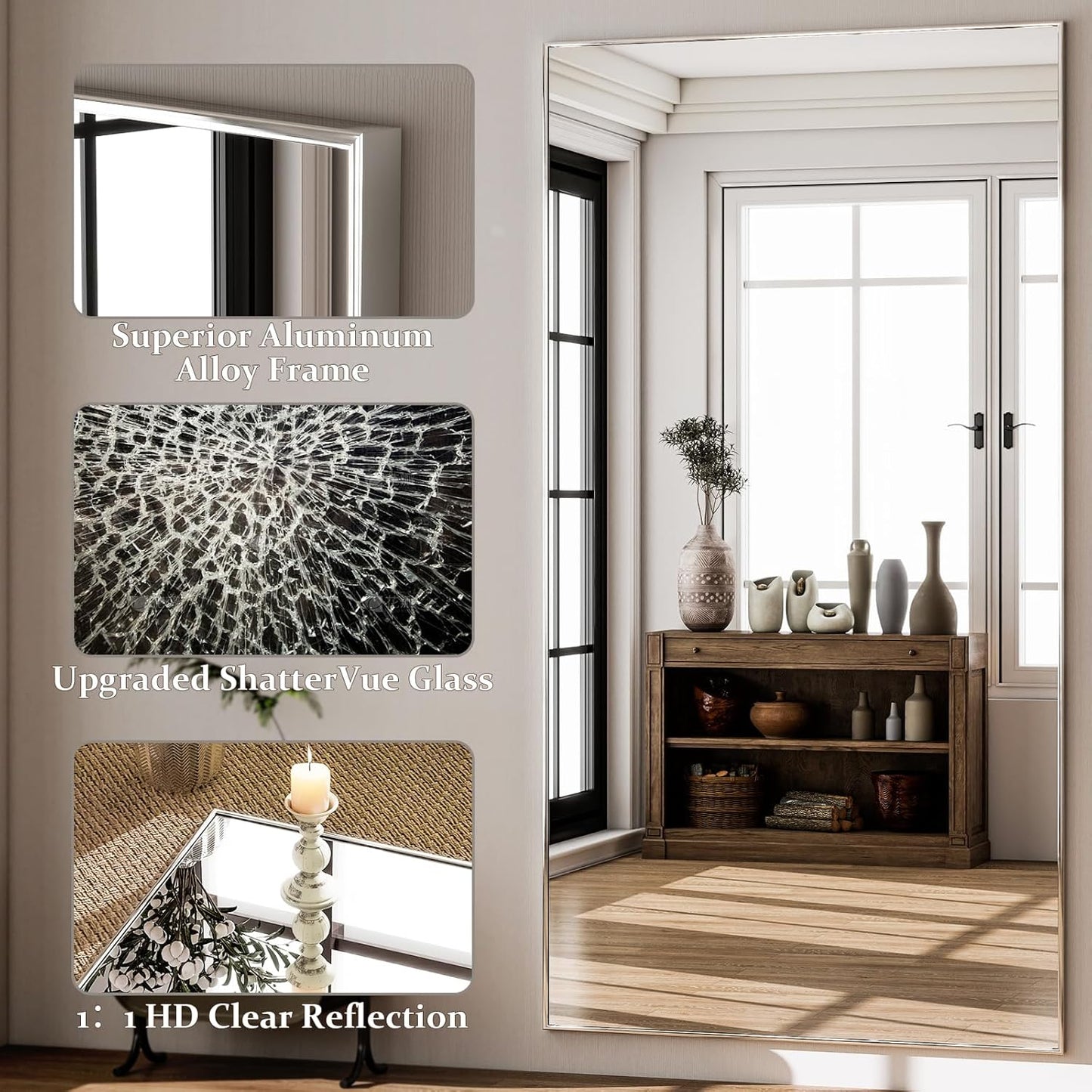 GLSLAND 76"x34" Full Length Mirror Extra Large Hanging or Leaning Rectangle Mirror Aluminum Alloy Thin Frame Bedroom Floor Dressing,Silver