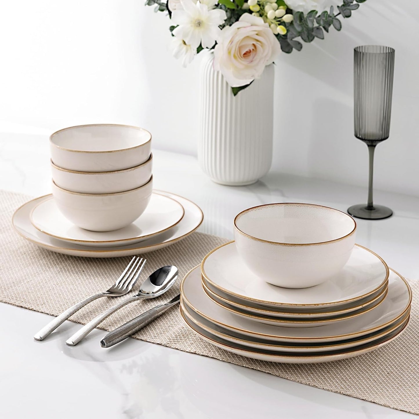 GBHOME Ceramic Dinnerware Sets for 4, 12 Pieces Stoneware Plates and Bowls Sets, Reactive Glaze Dishes -Scratch Resistant, Dishwasher&Microwave Safe，Pearl White