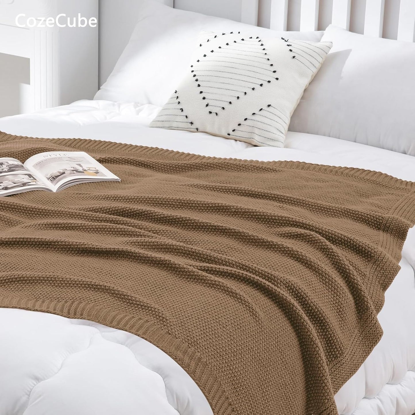CozeCube Caramel Brown Throw Blanket for Couch, Soft Cozy Cable Knit Throw for Bed Sofa Living Room, Lightweight Warm Decorative Farmhouse Christmas Blanket, 60"x80", Light Brown