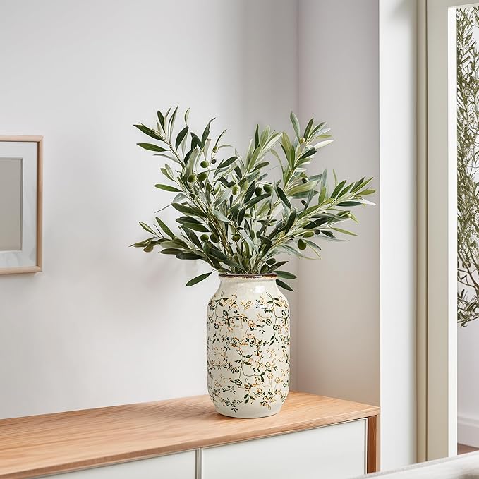 White and Green Vintage Vase, Chinoiserie Floral Vases for Flowers, Rustic Farmhouse Ceramic Vase for Home Decor, Living Room, Shelf, Office, Vintage Room Decor, 9 inch