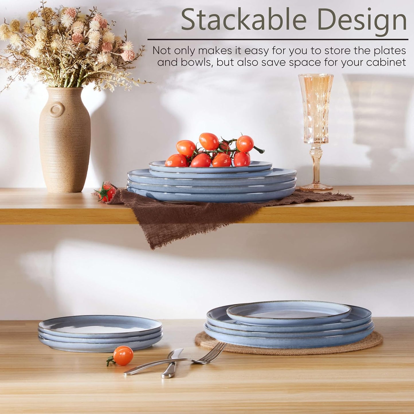 Herogo 4-Piece Stoneware Dinner Plates Set, 10.43" Ceramic Round Plate Set, Handmade Double Reactive Glaze Dinnerware Plates for Kitchen, Microwave, Oven and Dishwasher Safe, Haze Blue