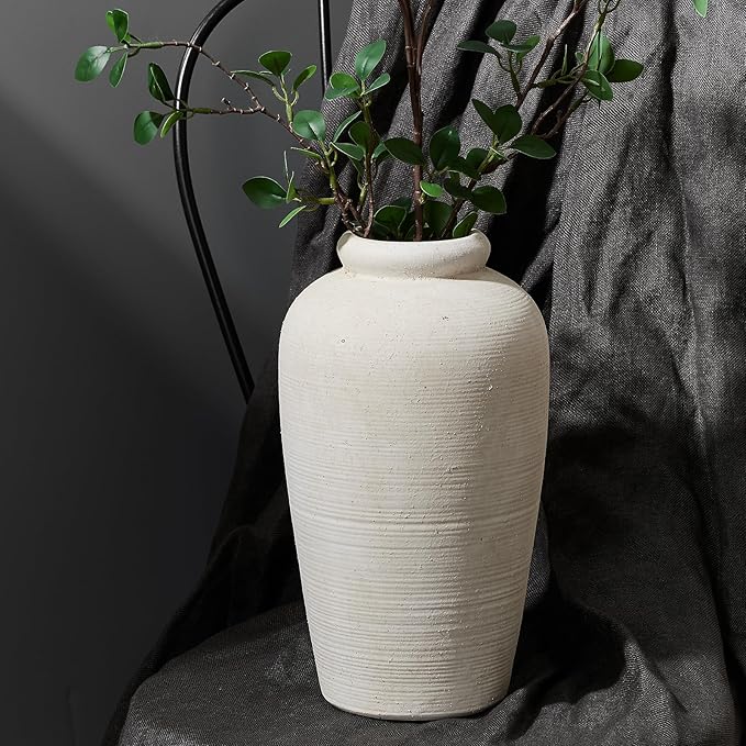 Large Ceramic Rustic Vase, 11 inch Minimalist Decorative Farmhouse Tall Vase for Home Decor, Living Room, Shelf Decor, Enterway, Wedding, Table Decoration, White
