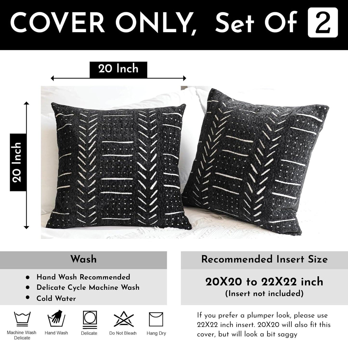 BlissBlush Black Decorative Throw Pillow Covers 20X20, Set of 2, Boho Farmhouse Cushion Cover, Cozy Soft Accent Pillowcase for Couch Sofa Bed Living Room Home Décor