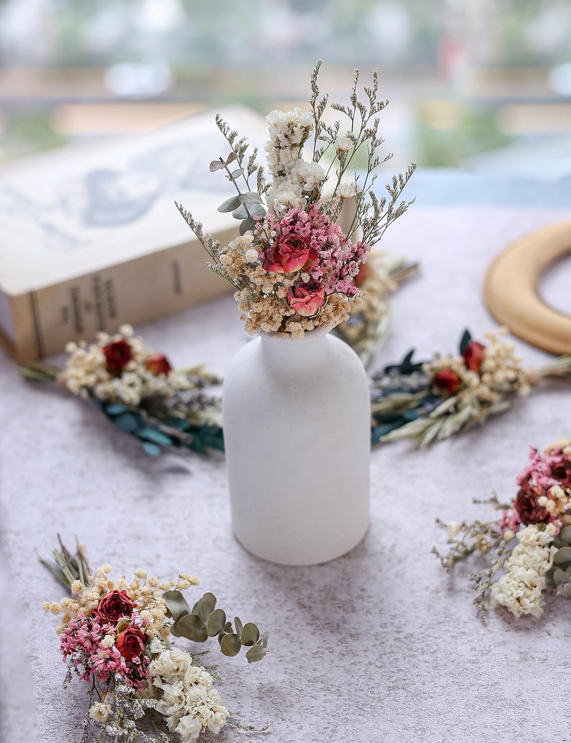 Mini Dried Flower Bouquet Set of 6, Pampas Grass Boho Wedding Table Centerpieces,Boutonniere for Men,Dry Flowers,Personalized Bridesmaid Gift Box,Small Bottles Decoration.(Rose)