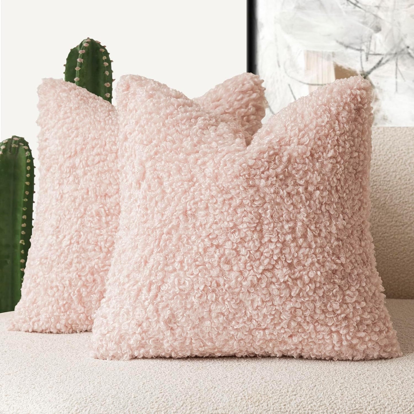 Foindtower 2 Pieces 24x24 Inch Light Pink, Faux Fur Throw Pillow Cover Accent Sherpa Furry Pillow Covers Fuzzy Soft Pillowcases Cozy Sheepskin Decorative Fleece Cushion Case for Bed Couch Living Room