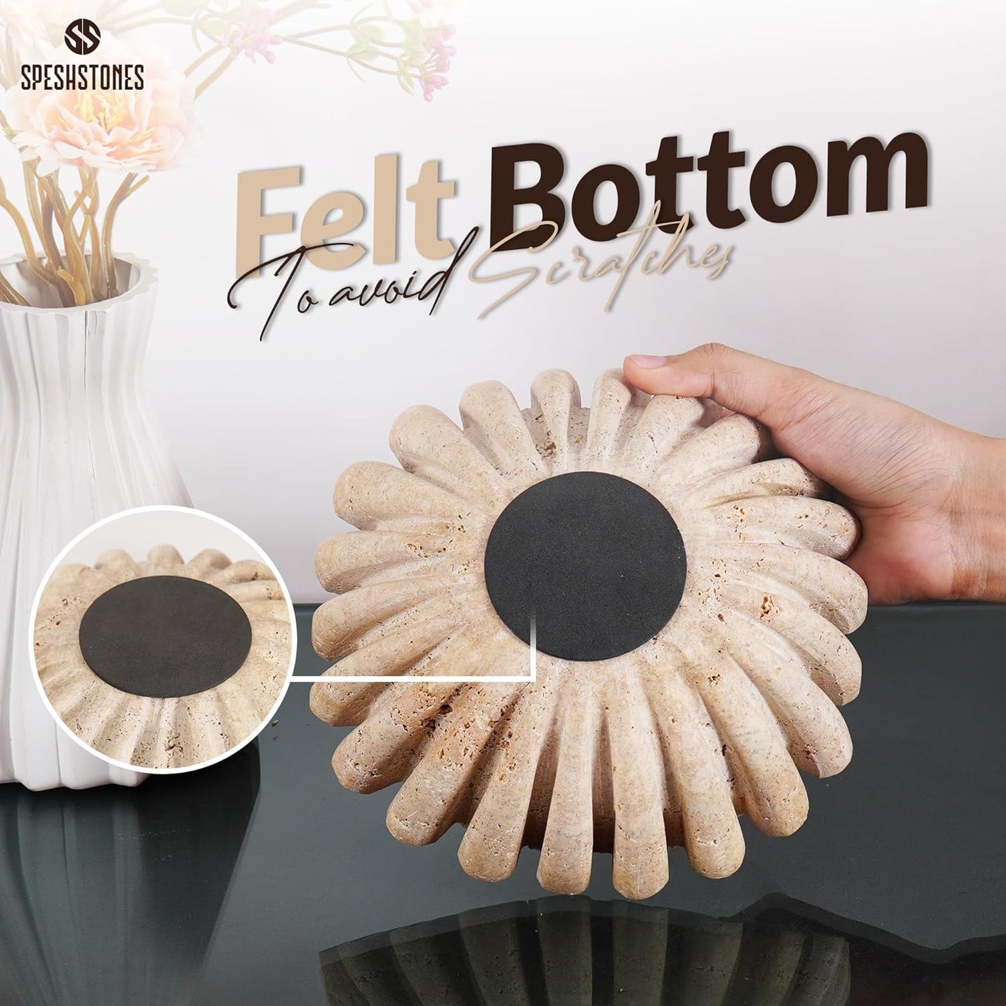 Marble Ruffle Bowl 8 Inch Handmade Travertine Fruit Bowl for Kitchen Counter - Large Decorative Scalloped Bowls for Dining, Coffee Table Centerpieces & Home Decor