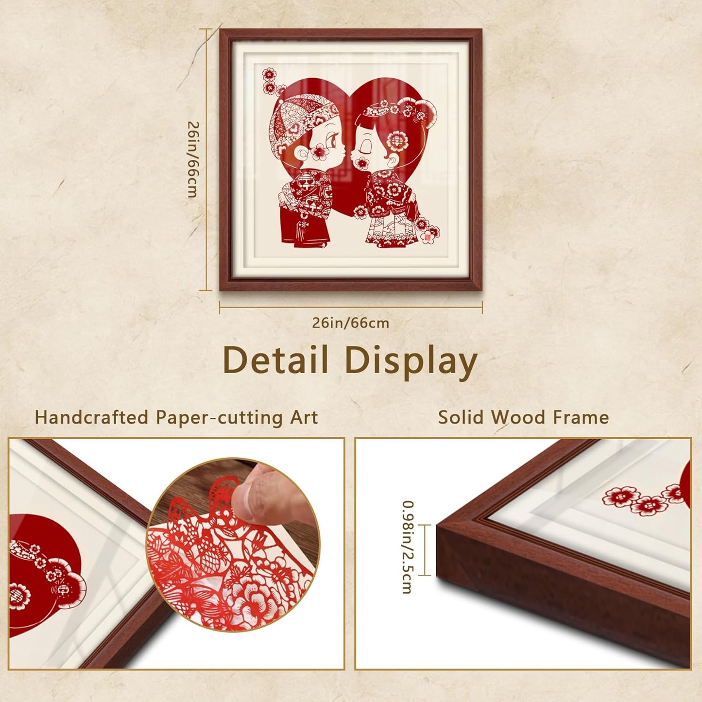 crmotu Chinoiserie Wall Art, Chinese Wedding Paper-Cutting Framed Wall Decor, Romantic Couple Wall Decor, Unique Folk Handmade Gift for Newlyweds Engagement Anniversary 26x26 Inch