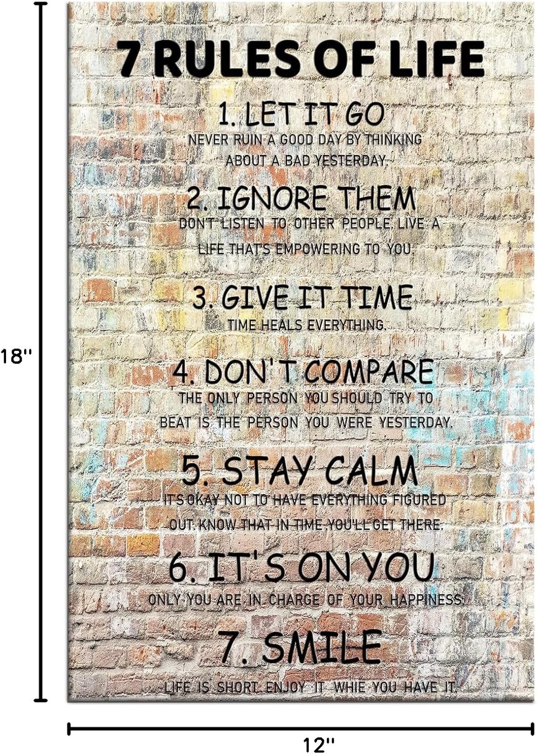 Inspirational Canvas Wall Art 7 Rules of Life Motivational Poster Wall Decor Color Positive Quotes Print Artwork Living Room Framed Art for Home Bedroom Bathroom Ready to Hang [12''W X 18''H]